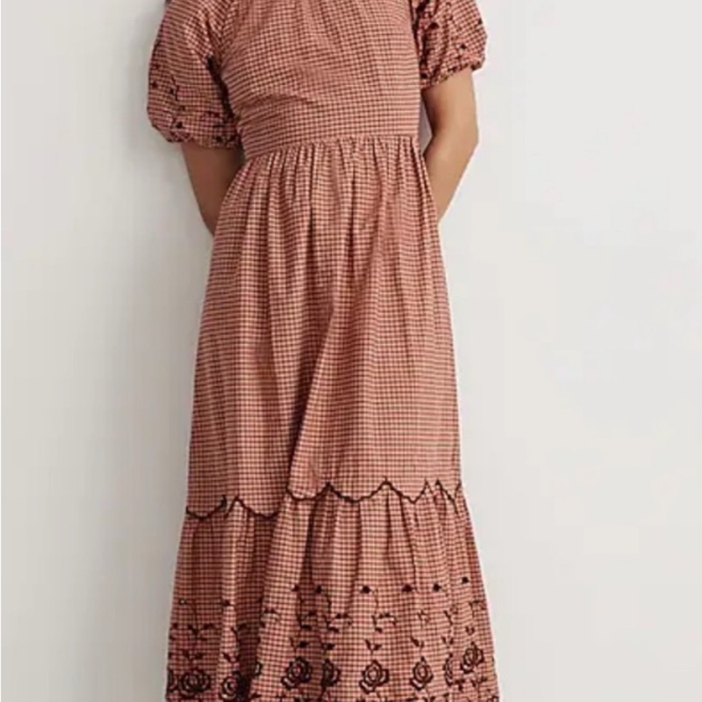 Madewell Embroidered Bubble-Sleeve Midi dress gingham